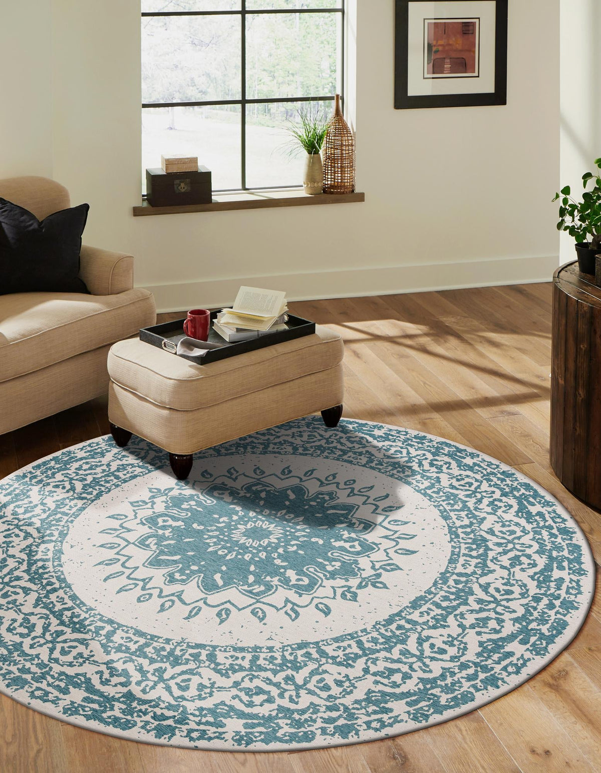 Patio Heritage Collection Area Rug -  Lafayette (Aqua) Round Aqua  lifestyle 15