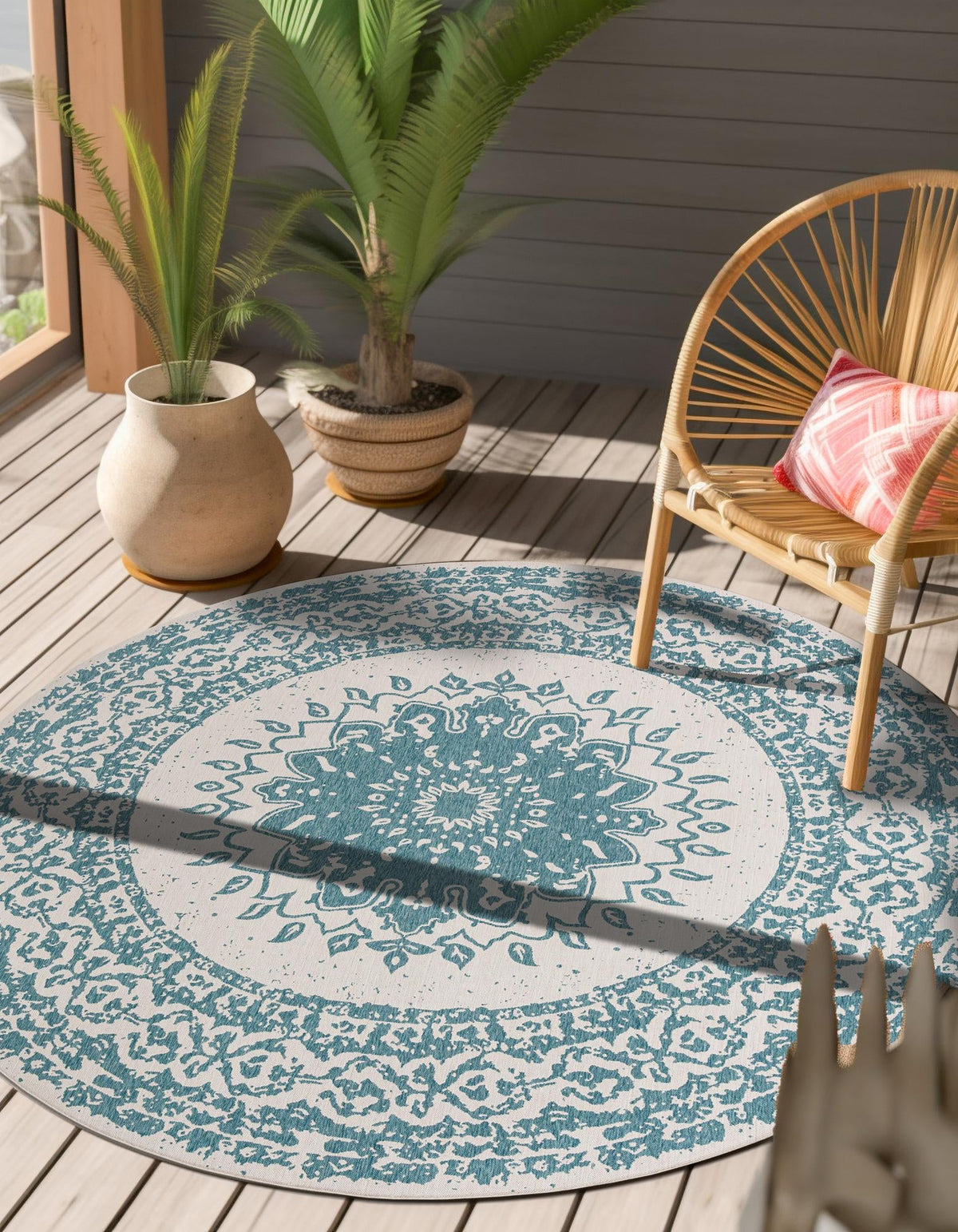 Patio Heritage Collection Area Rug -  Lafayette (Aqua) Round Aqua  lifestyle 18