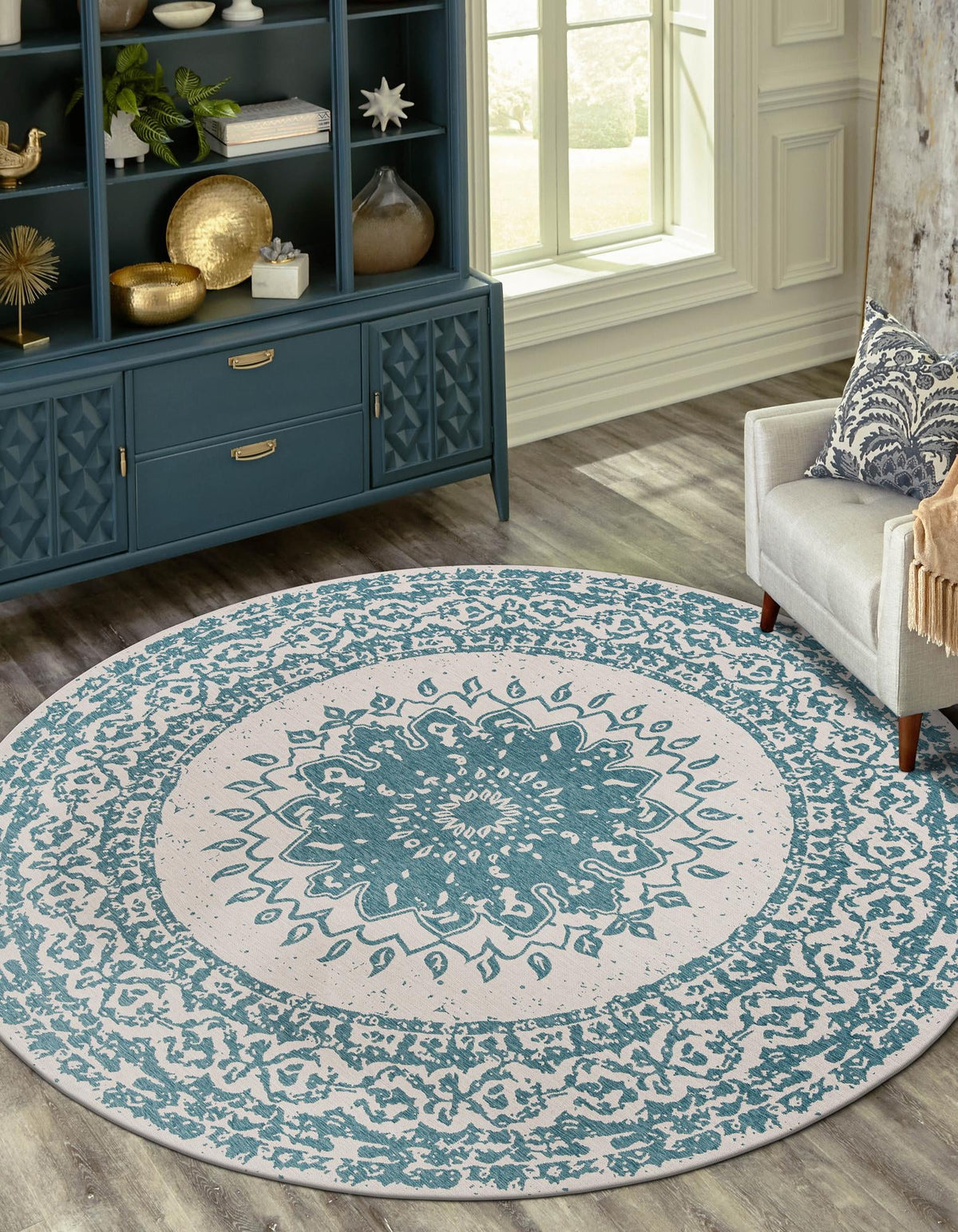 Patio Heritage Collection Area Rug -  Lafayette (Aqua) Round Aqua  lifestyle 21