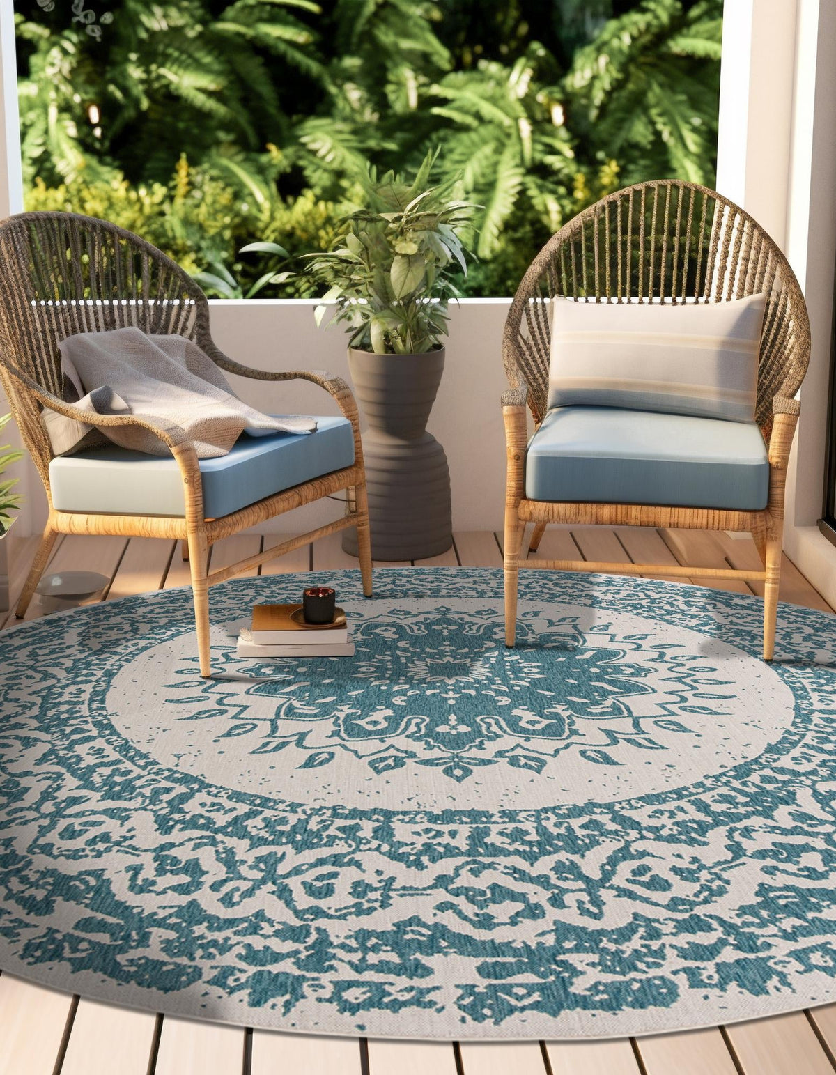 Patio Heritage Collection Area Rug -  Lafayette (Aqua) Round Aqua  lifestyle 30