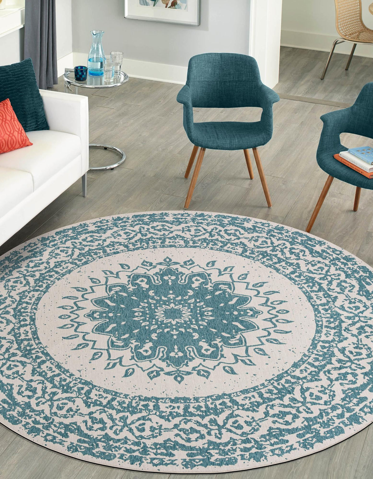 Patio Heritage Collection Area Rug -  Lafayette (Aqua) Round Aqua  lifestyle 33