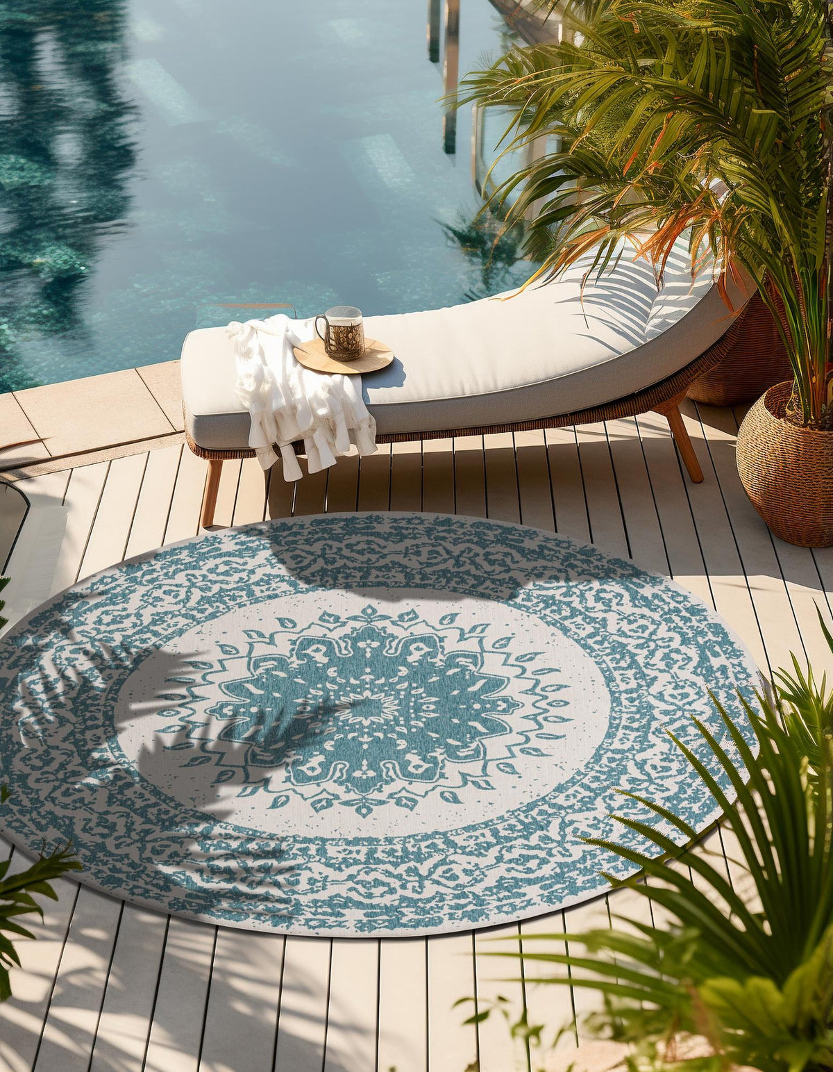 Patio Heritage Collection Area Rug -  Lafayette (Aqua) Round Aqua  lifestyle 36