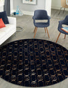 Metropolitan Matrix Collection Area Rug - Cosmopolis (Black and Silver) Round Navy Blue and Gold  lifestyle 222