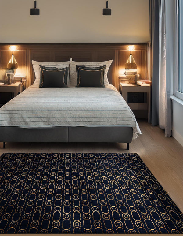 Metropolitan Matrix Collection Area Rug - Cosmopolis (Black and Silver) Square Navy Blue and Gold  lifestyle 125