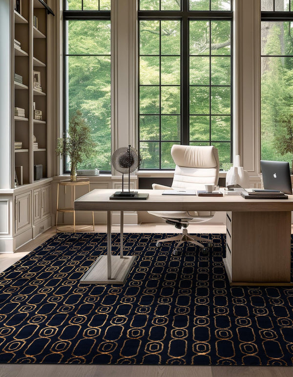 Metropolitan Matrix Collection Area Rug - Cosmopolis (Black and Silver) Square Navy Blue and Gold  lifestyle 181