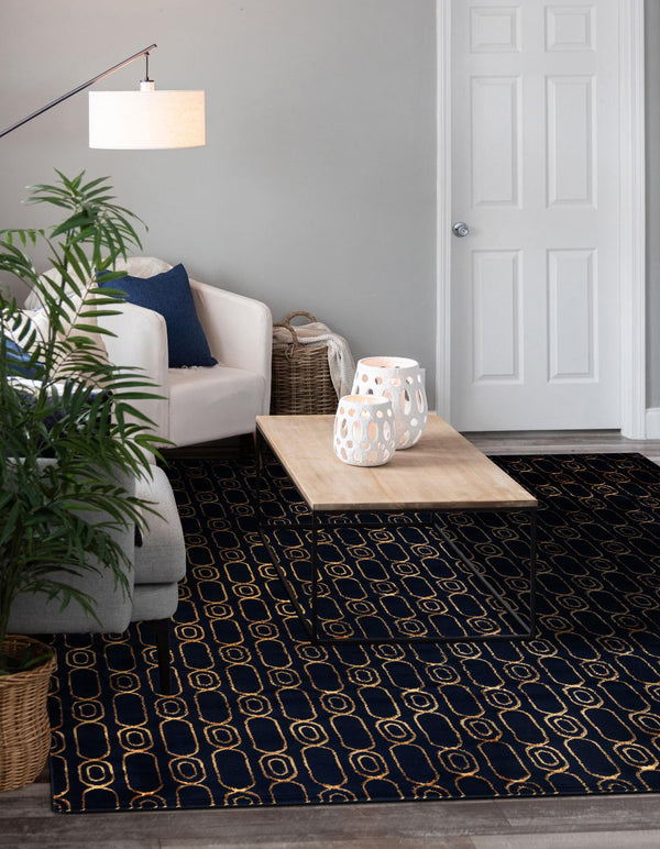 Metropolitan Matrix Collection Area Rug - Cosmopolis (Black and Silver) Square Navy Blue and Gold  lifestyle 209