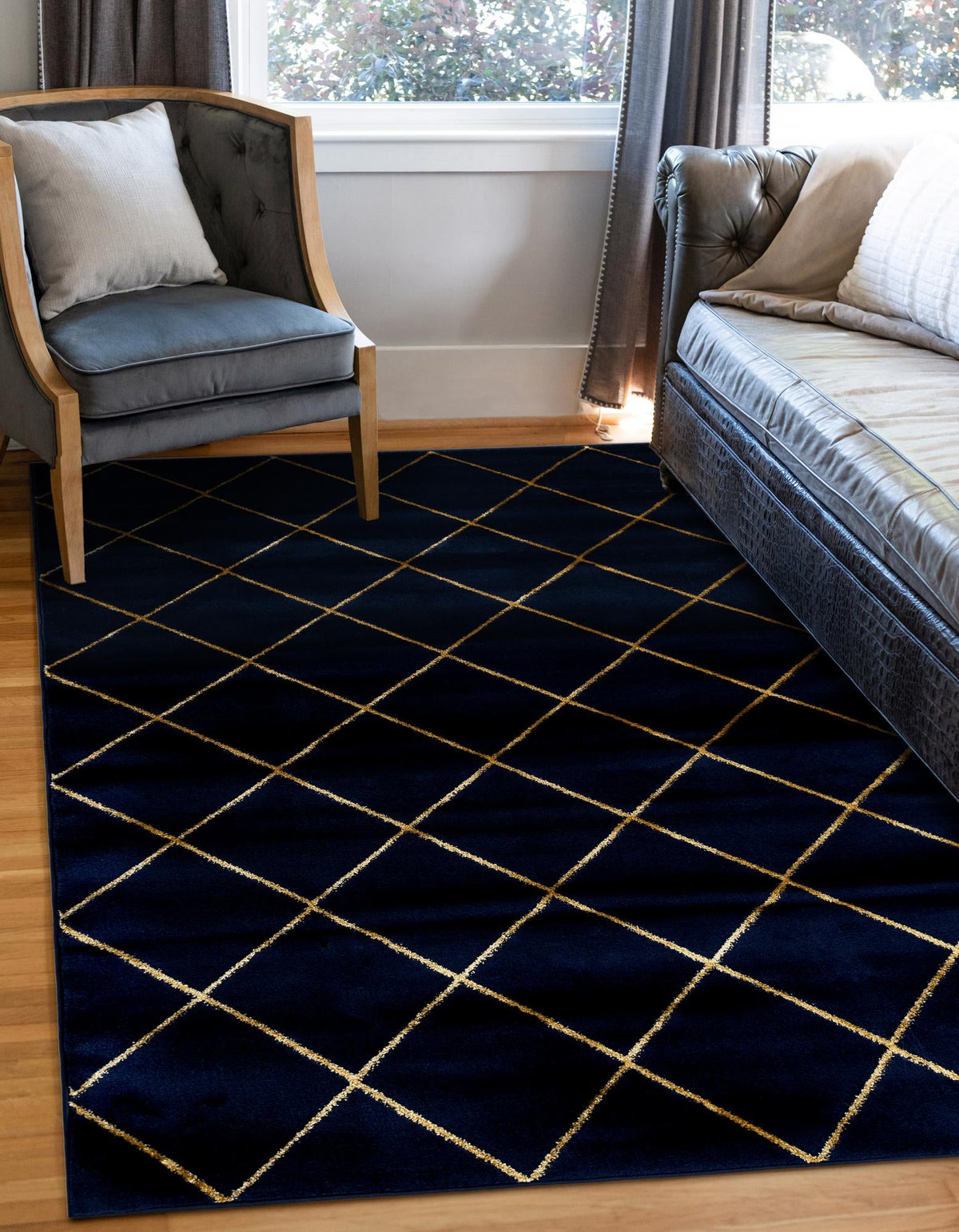 Metropolitan Matrix Collection Area Rug -  Urbana Rectangle Navy Blue and Gold  lifestyle 7