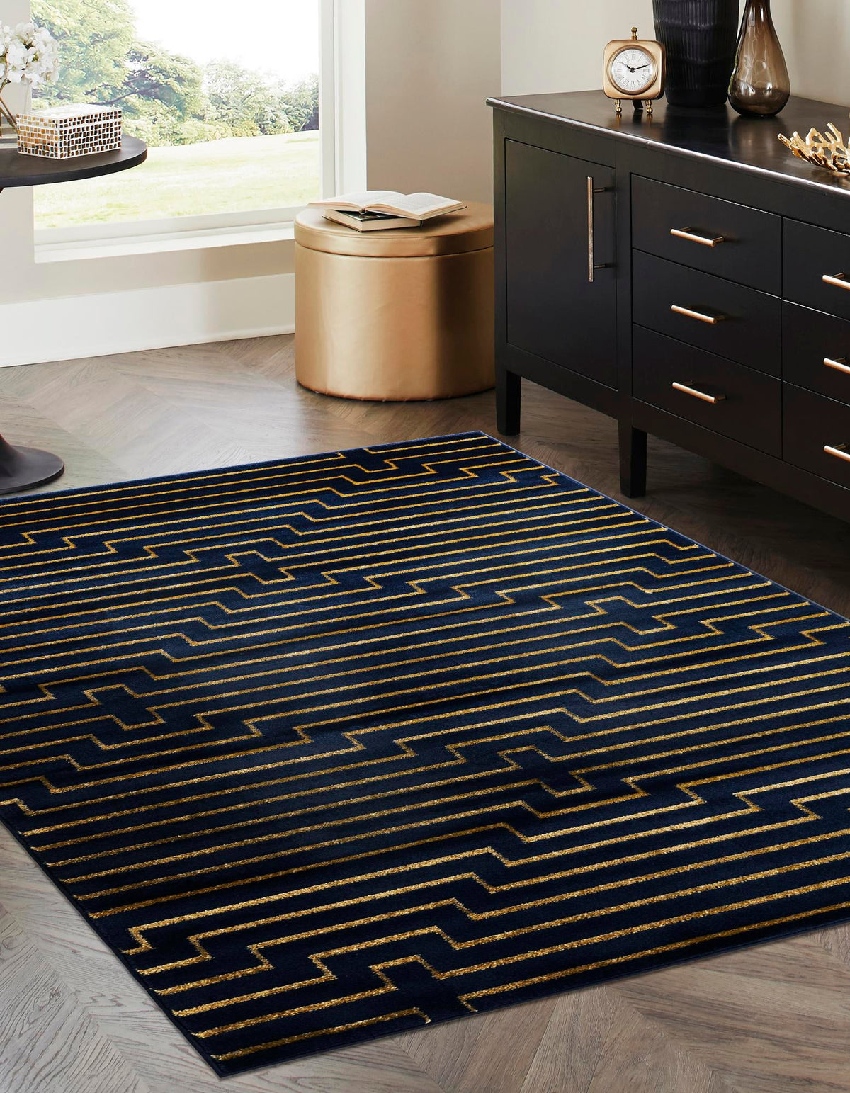 Metropolitan Matrix Collection Area Rug -  Skyline Rectangle Navy Blue and Gold  lifestyle 5