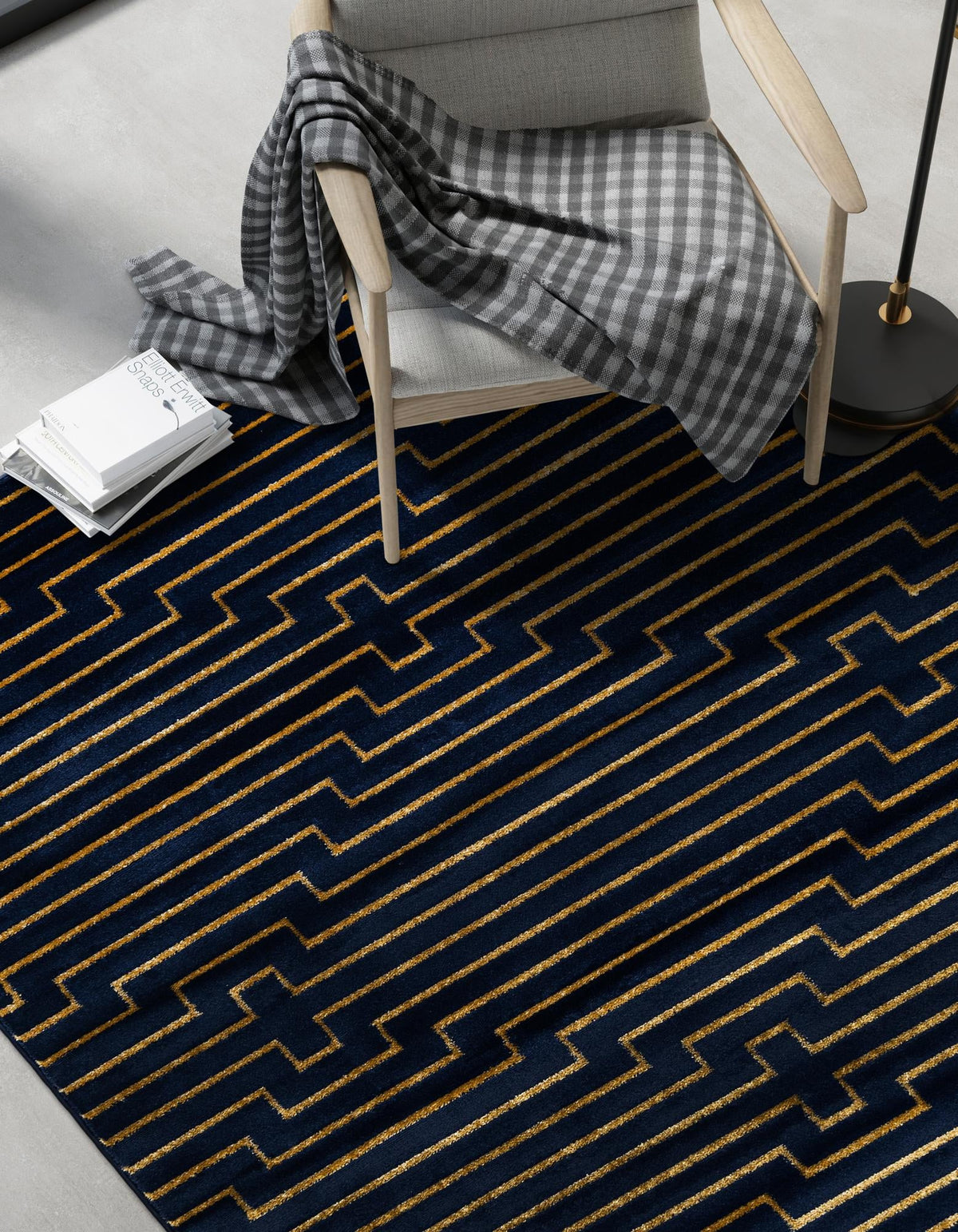 Metropolitan Matrix Collection Area Rug -  Skyline Rectangle Navy Blue and Gold  lifestyle 9