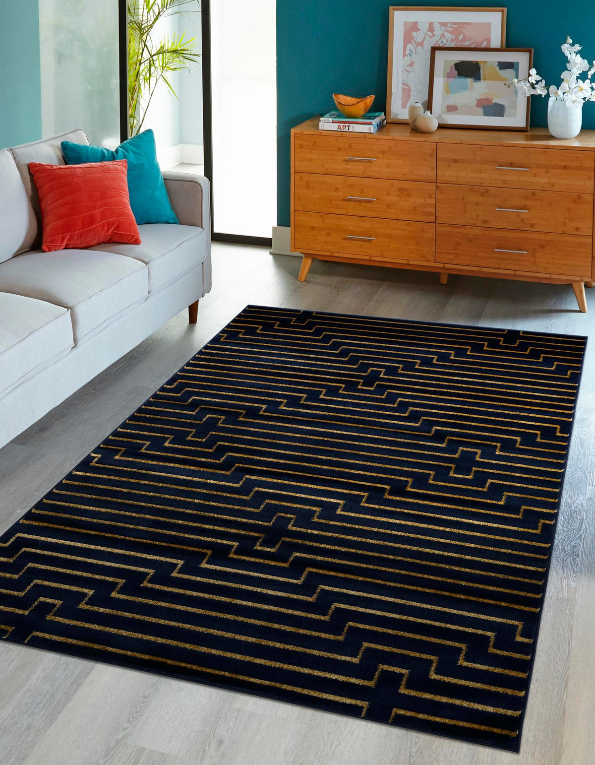 Metropolitan Matrix Collection Area Rug -  Skyline Rectangle Navy Blue and Gold  lifestyle 13