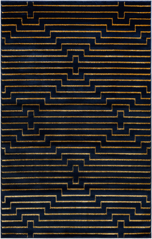 Metropolitan Matrix Collection Area Rug -  Skyline Rectangle Navy Blue and Gold Main