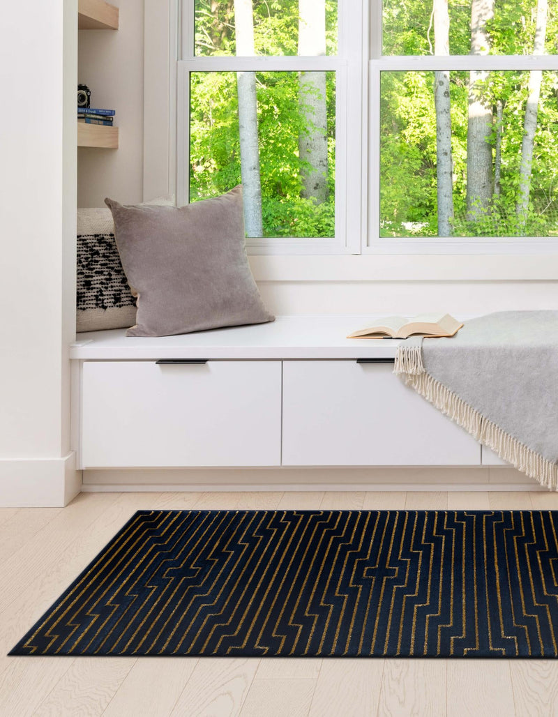 Metropolitan Matrix Collection Area Rug -  Skyline Runner Navy Blue and Gold  lifestyle 146