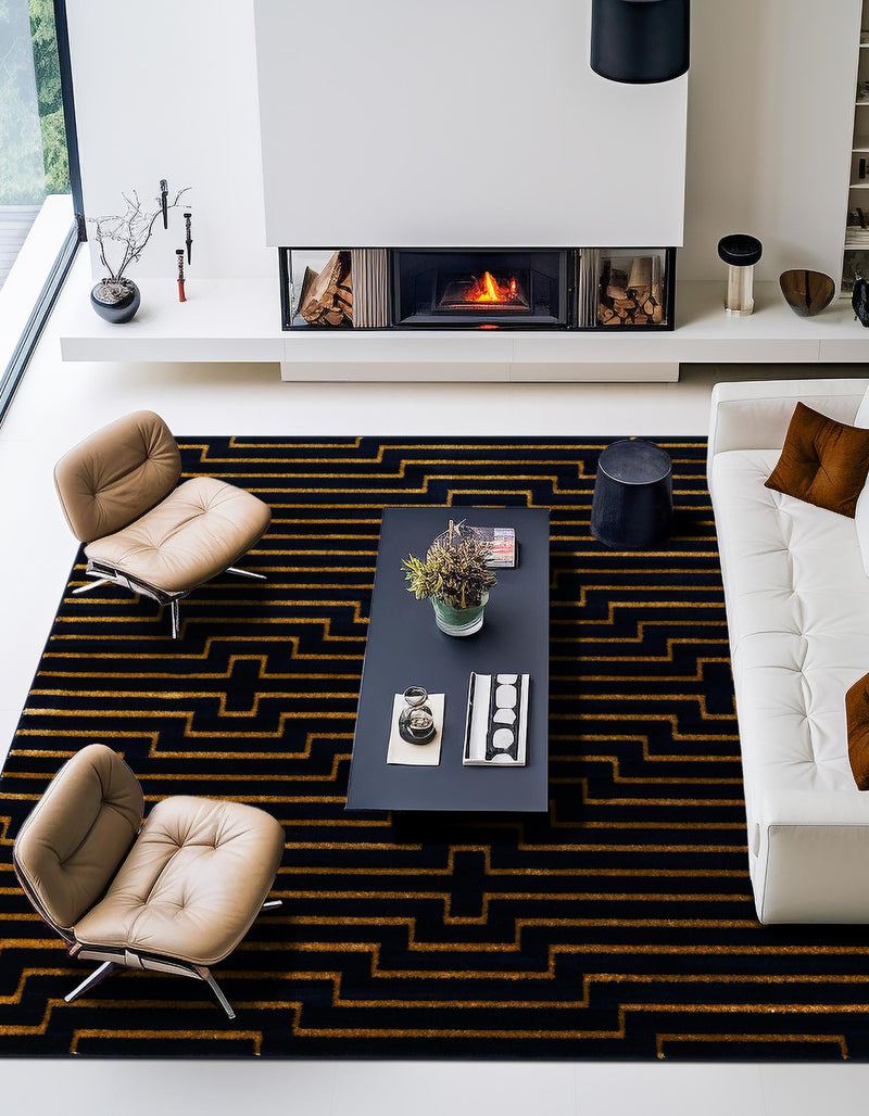 Metropolitan Matrix Collection Area Rug -  Skyline Square Navy Blue and Gold  lifestyle 167