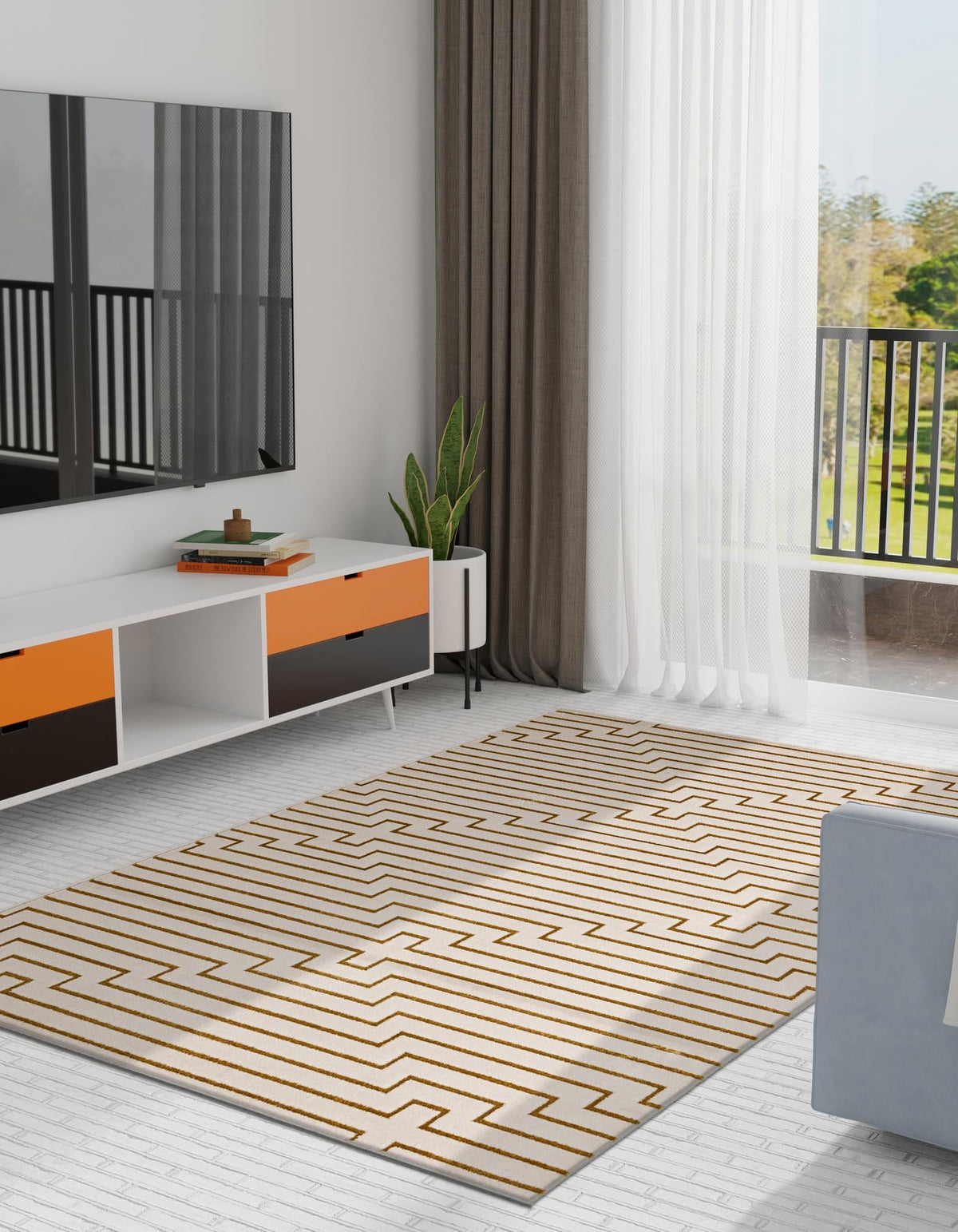 Metropolitan Matrix Collection Area Rug -  Skyline Rectangle White and Gold  lifestyle 12