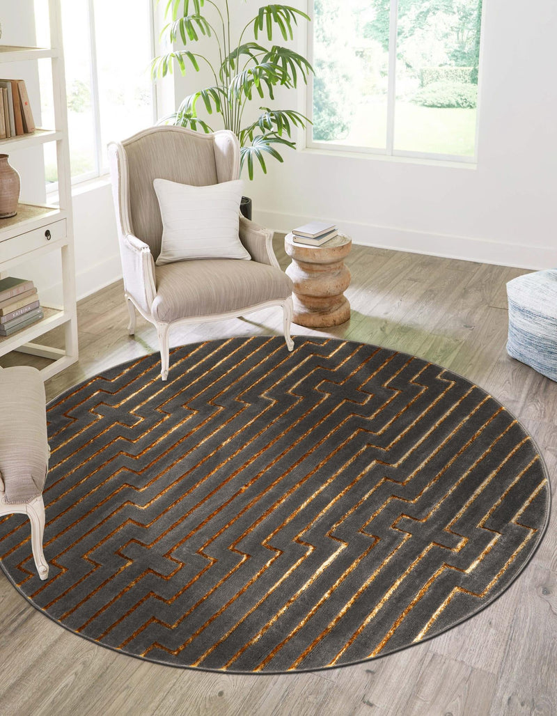 Metropolitan Matrix Collection Area Rug -  Skyline Round Gray and Gold  lifestyle 176
