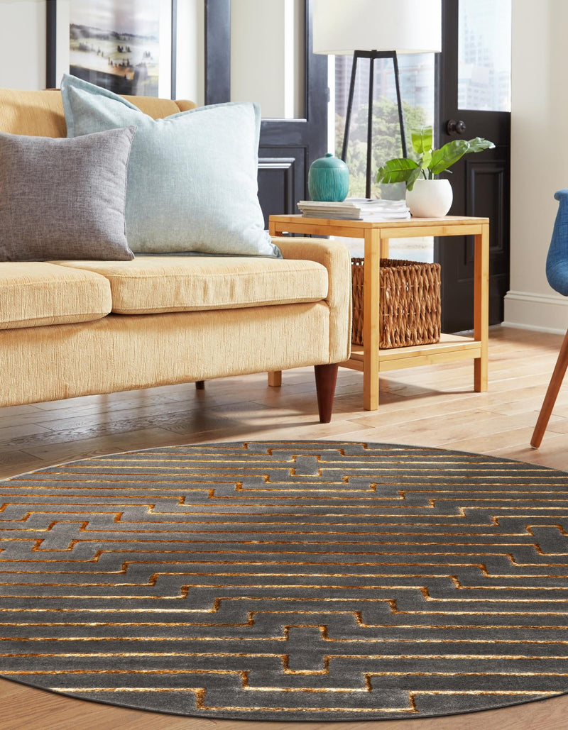 Metropolitan Matrix Collection Area Rug -  Skyline Round Gray and Gold  lifestyle 206