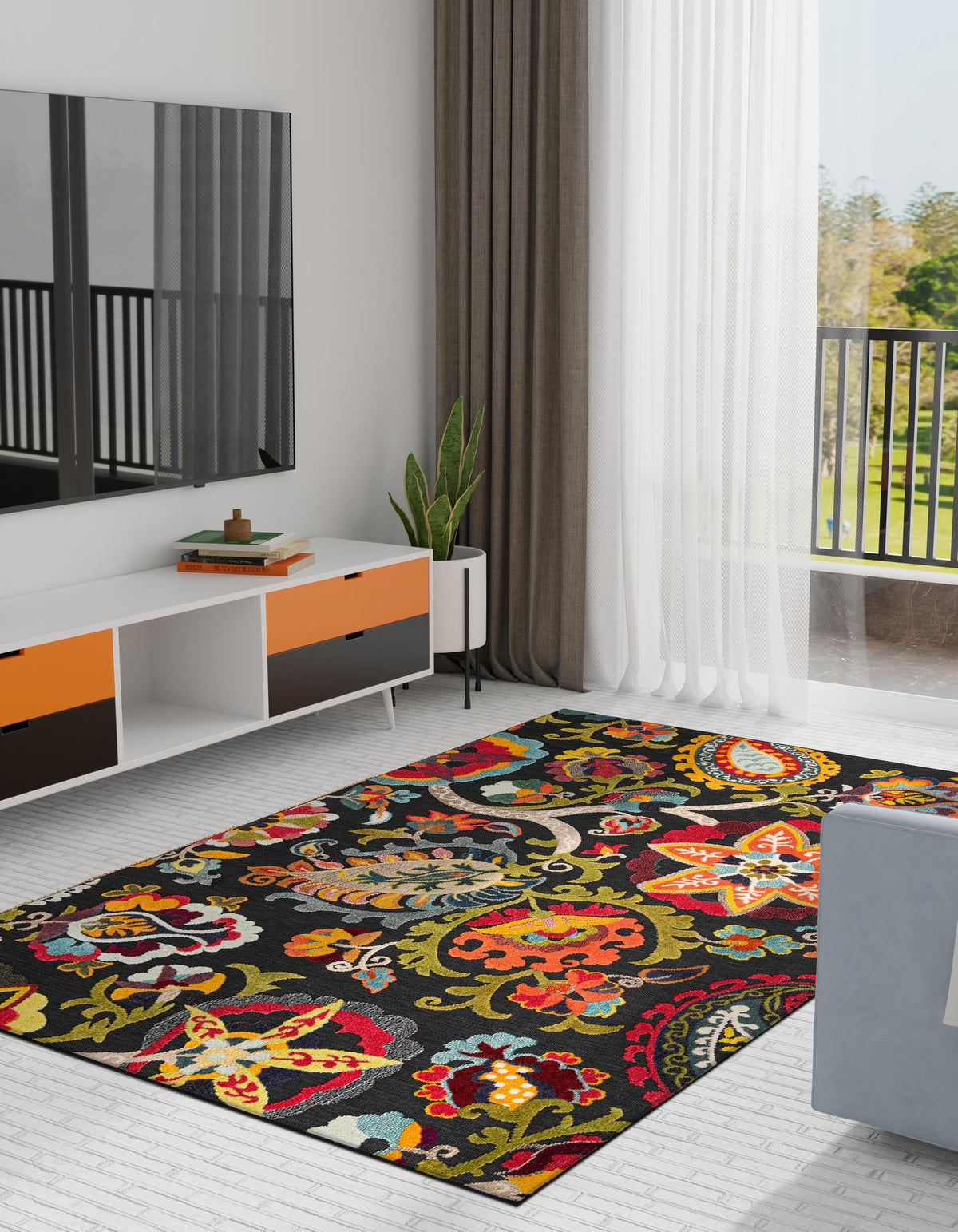 Outdoor Marrakesh Collection Area Rug - Fes Rectangle Multi Black  lifestyle 13