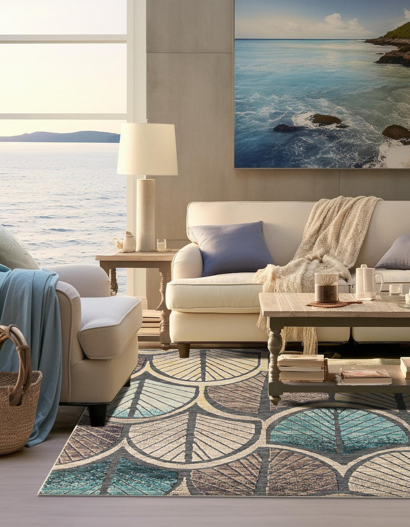 Outdoor Marrakesh Collection Area Rug -  Rabat Square Gray Blue Ivory  lifestyle 51