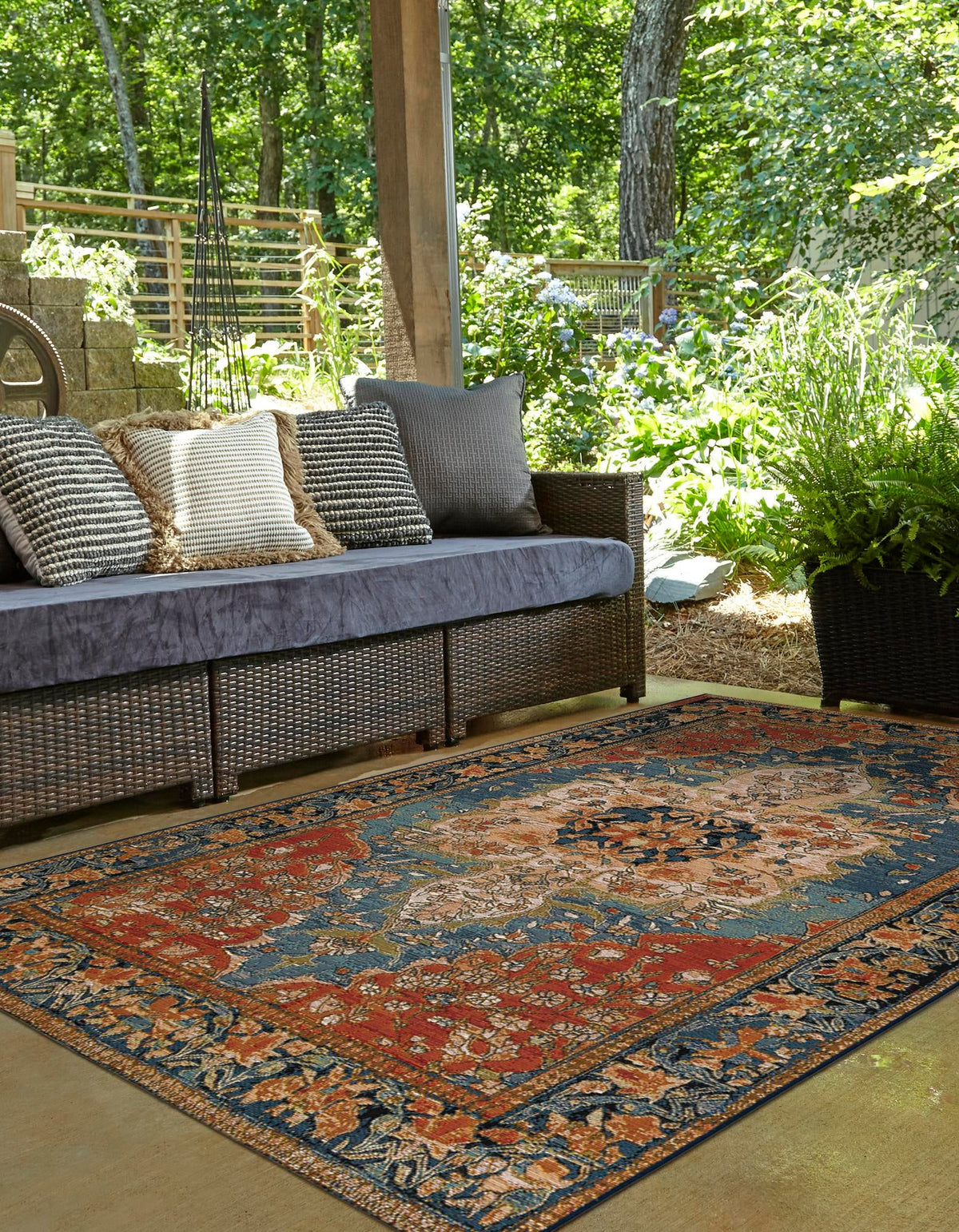Patio Elegance Collection Area Rug -  Grove Rectangle Navy Blue and Rust Red  lifestyle 5