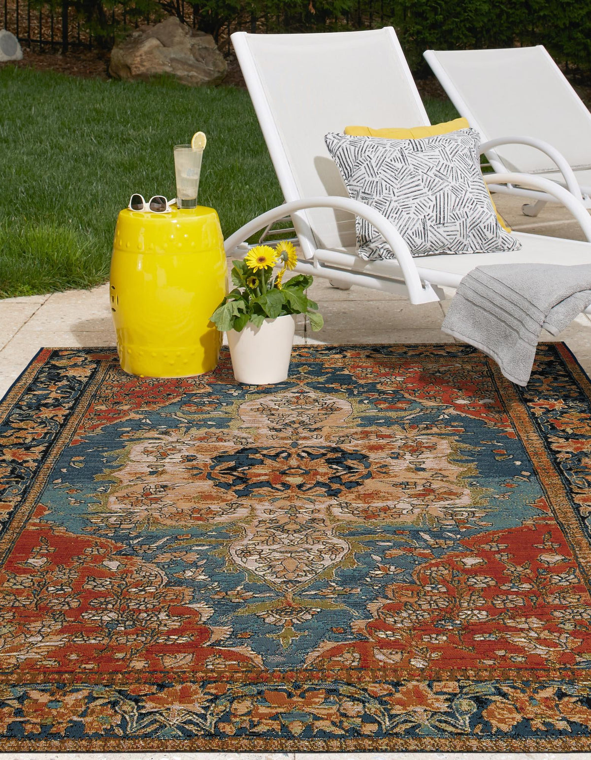 Patio Elegance Collection Area Rug -  Grove Rectangle Navy Blue and Rust Red  lifestyle 8