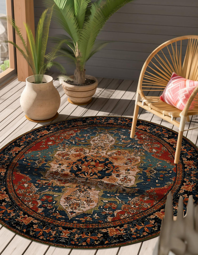 Patio Elegance Collection Area Rug -  Grove Round Navy Blue and Rust Red  lifestyle 27