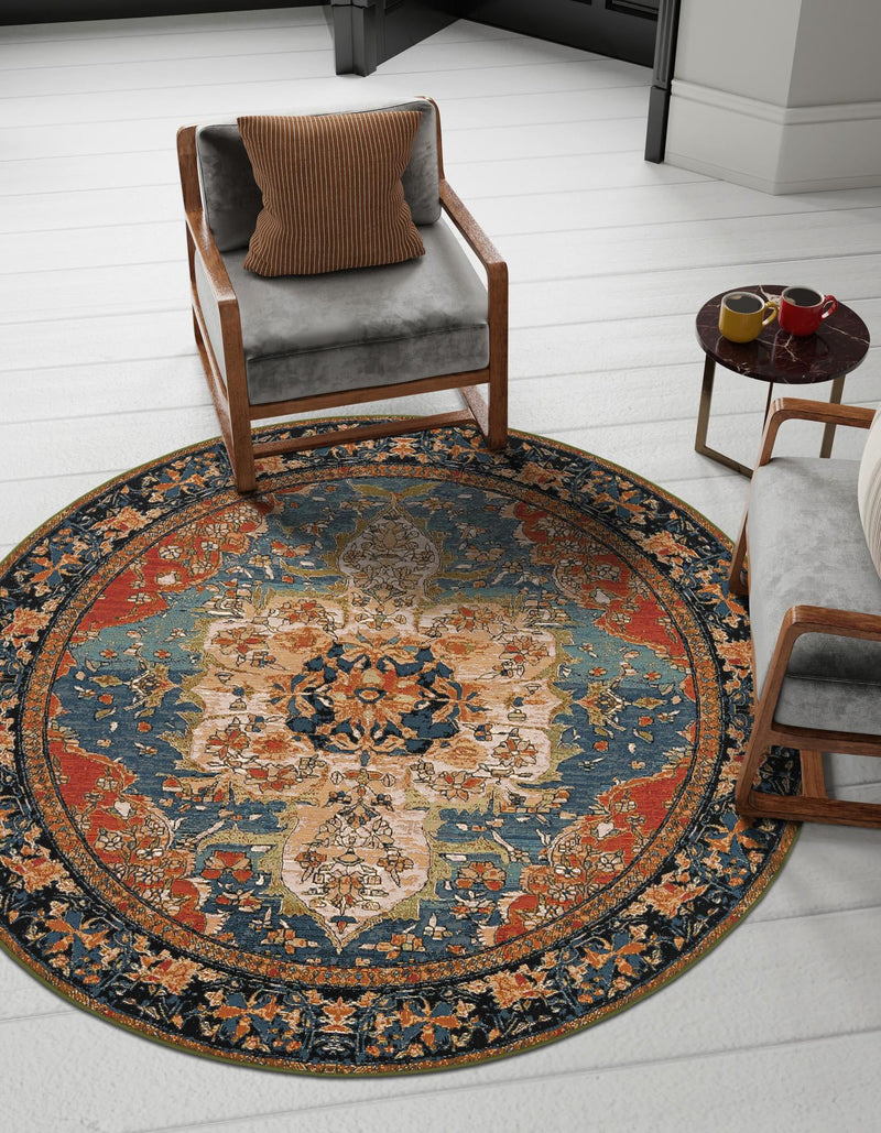 Patio Elegance Collection Area Rug -  Grove Round Navy Blue and Rust Red  lifestyle 30