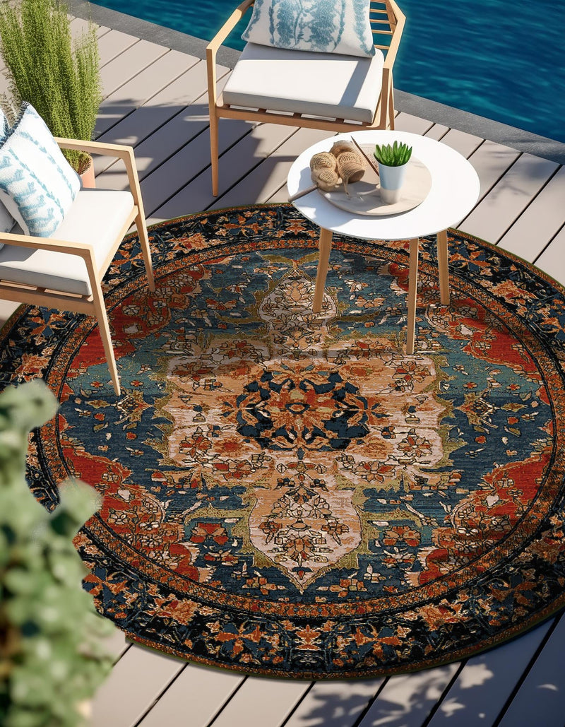 Patio Elegance Collection Area Rug -  Grove Round Navy Blue and Rust Red  lifestyle 33
