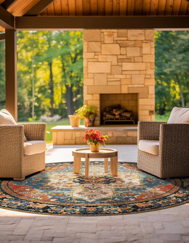 Patio Elegance Collection Area Rug -  Grove Round Navy Blue and Rust Red  lifestyle 45