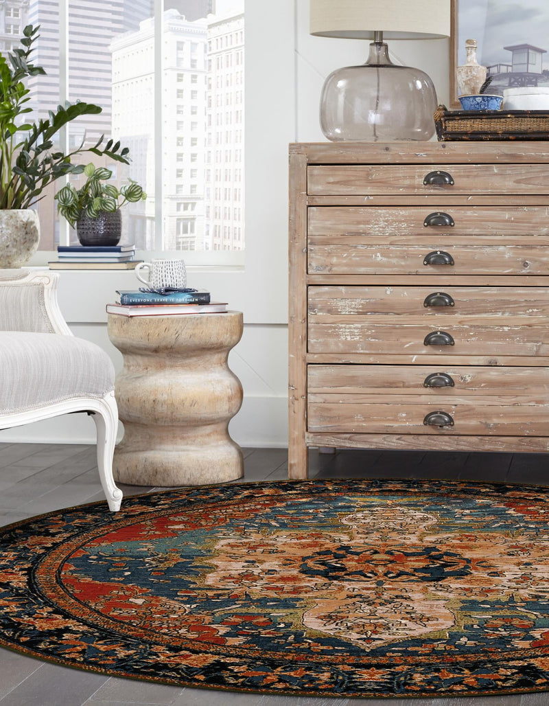 Patio Elegance Collection Area Rug -  Grove Round Navy Blue and Rust Red  lifestyle 48