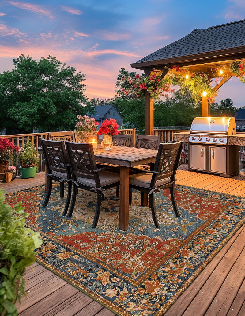 Patio Elegance Collection Area Rug -  Grove Square Navy Blue and Rust Red  lifestyle 29