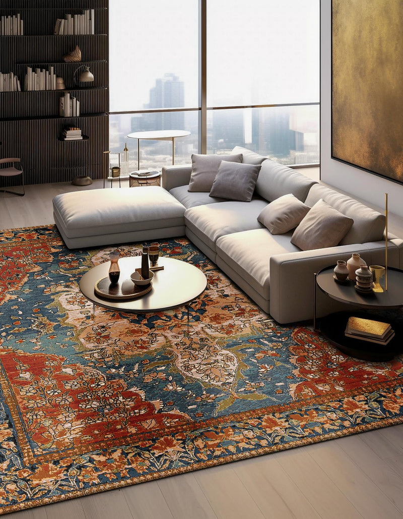 Patio Elegance Collection Area Rug -  Grove Square Navy Blue and Rust Red  lifestyle 30