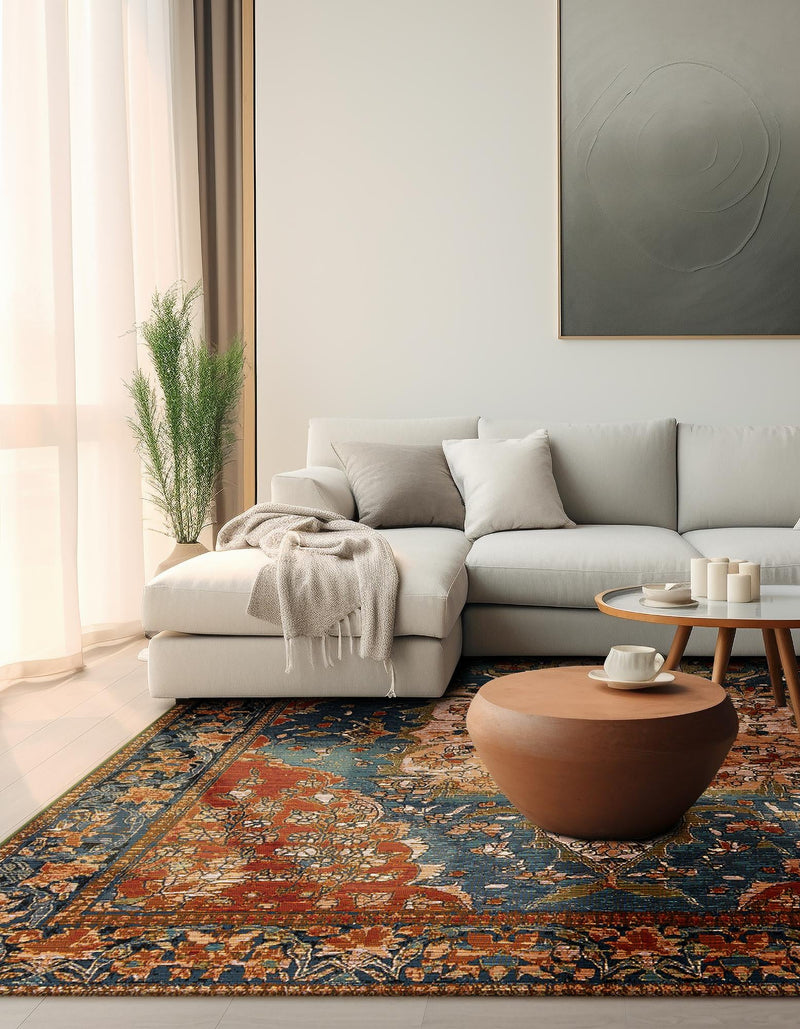 Patio Elegance Collection Area Rug -  Grove Square Navy Blue and Rust Red  lifestyle 32