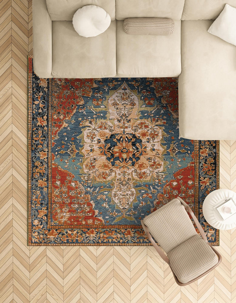 Patio Elegance Collection Area Rug -  Grove Square Navy Blue and Rust Red  lifestyle 34