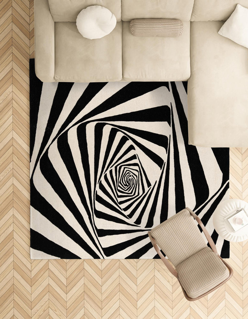 Cyclone Wool Collection Area Rug -  Twister Square Black and White  lifestyle 28