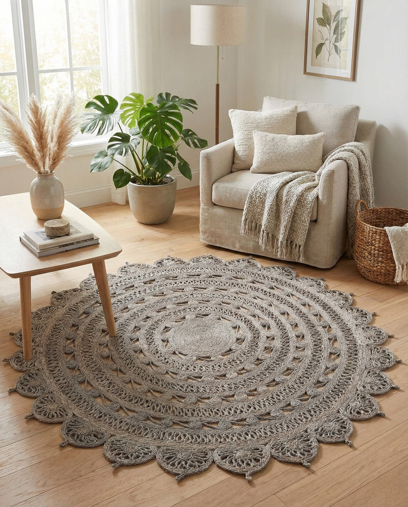 Woven Seaside Jute Collection Area Rug - Coastalhaven (Gray) Round Gray  lifestyle 33