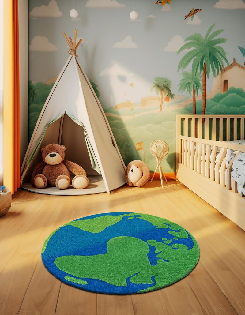 Whimsy Wonders Wool Collection Area Rug -  Island Round Blue and Green  lifestyle 2