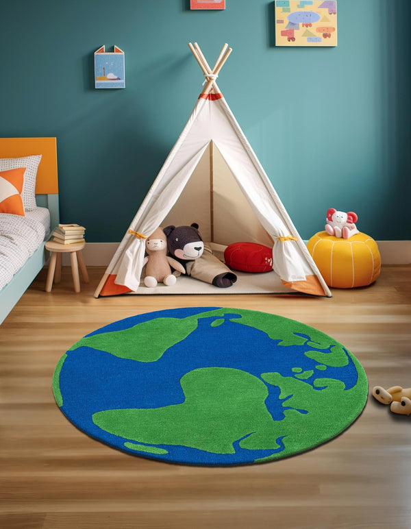 Whimsy Wonders Wool Collection Area Rug -  Island Round Blue and Green  lifestyle 7