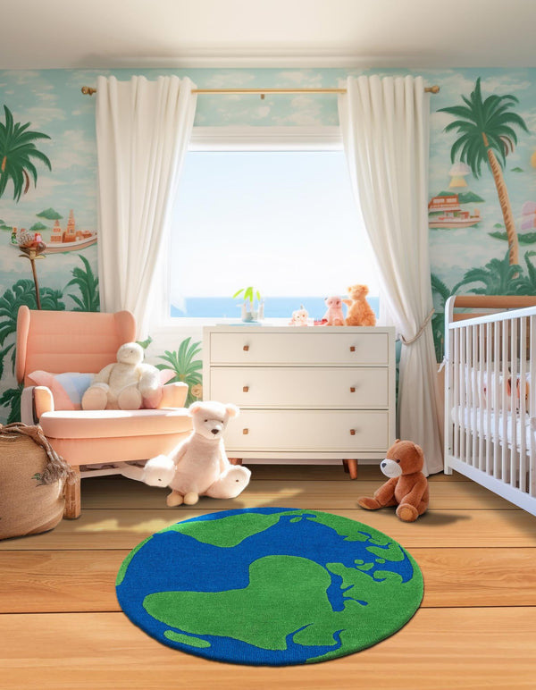 Whimsy Wonders Wool Collection Area Rug -  Island Round Blue and Green  lifestyle 8