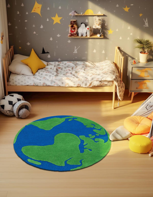 Whimsy Wonders Wool Collection Area Rug -  Island Round Blue and Green  lifestyle 10