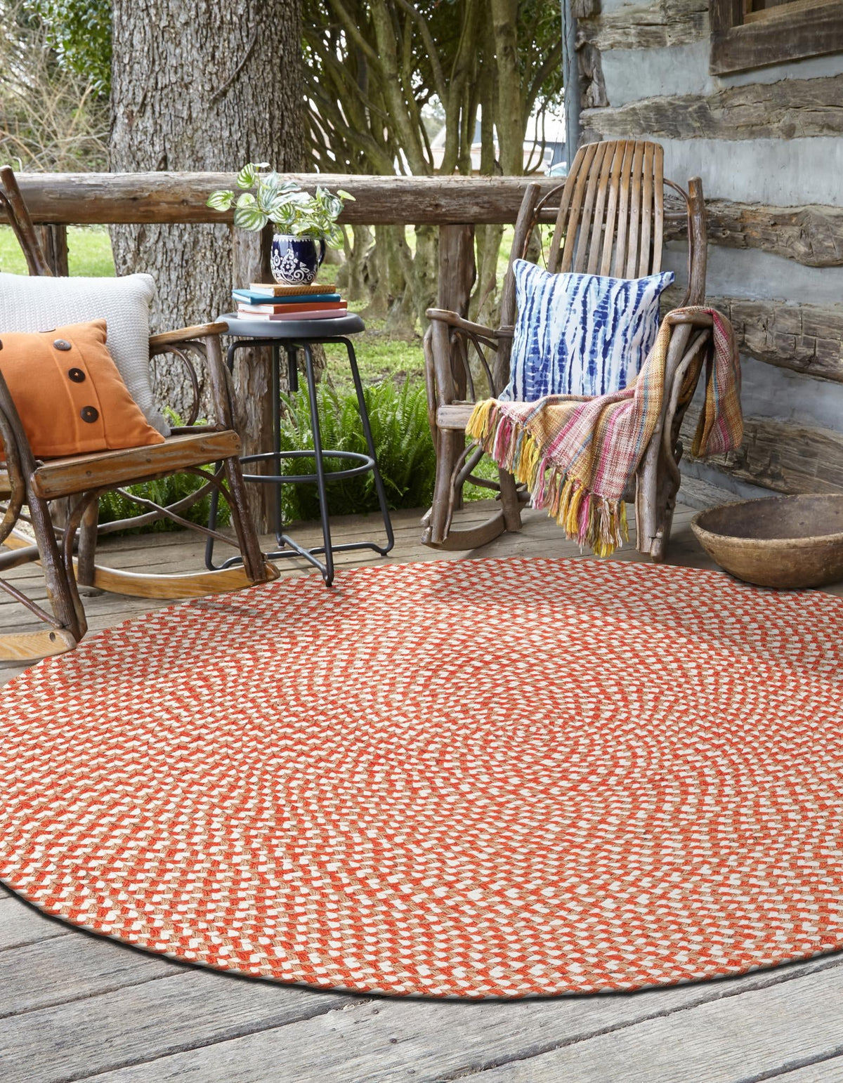 Highland Braided Jute Collection Area Rug - Glenmore (Rust Red) Round Rust Red  lifestyle 19
