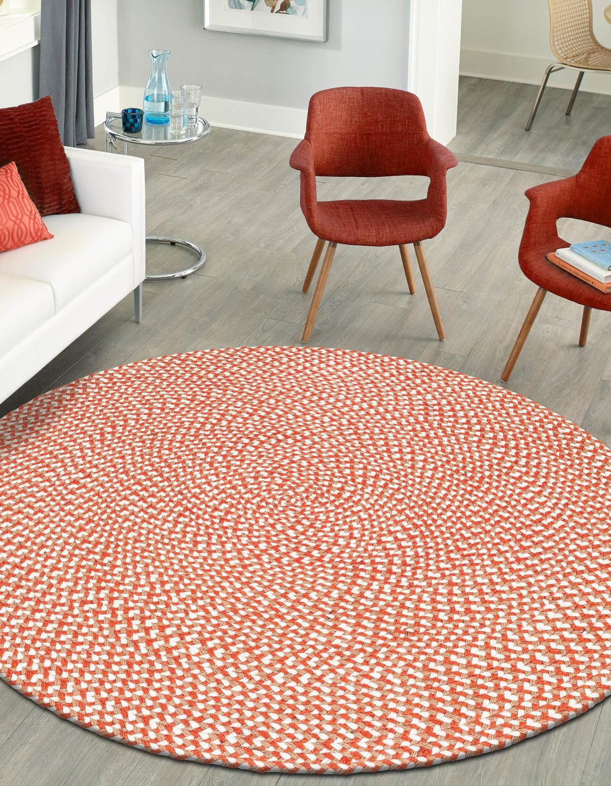 Highland Braided Jute Collection Area Rug - Glenmore (Rust Red) Round Rust Red  lifestyle 20