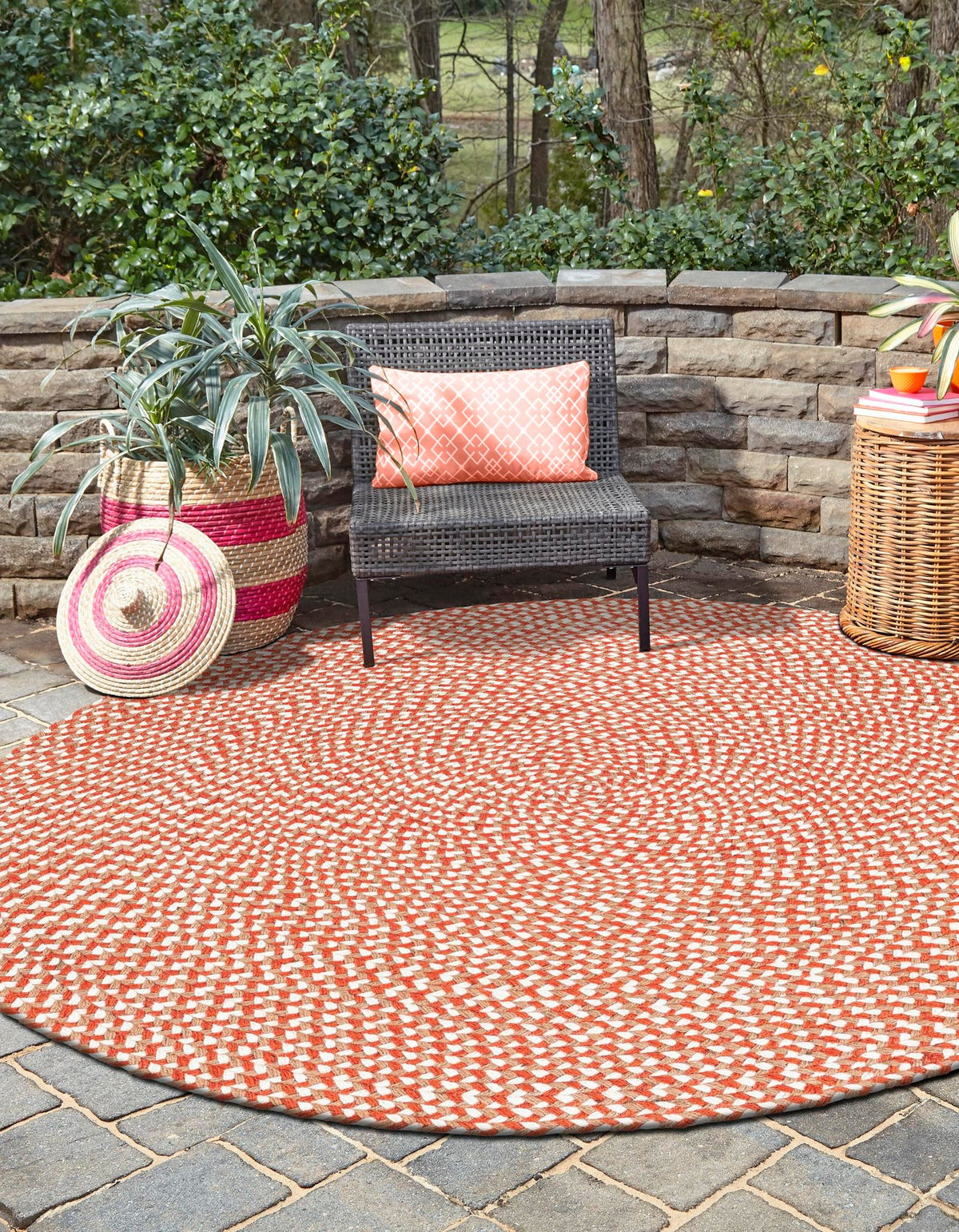 Highland Braided Jute Collection Area Rug - Glenmore (Rust Red) Round Rust Red  lifestyle 21