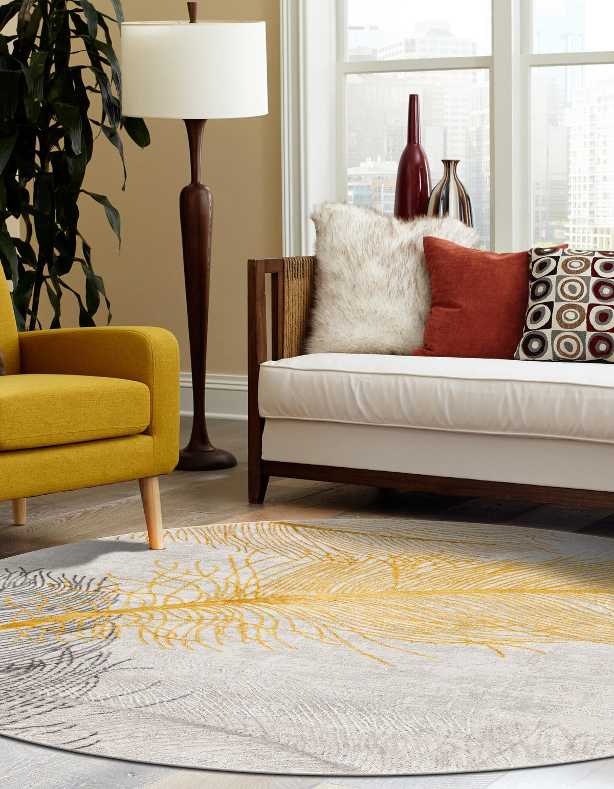 Bloomsbury Elegance Collection Area Rug -  Westminster Round Yellow Gray  lifestyle 65