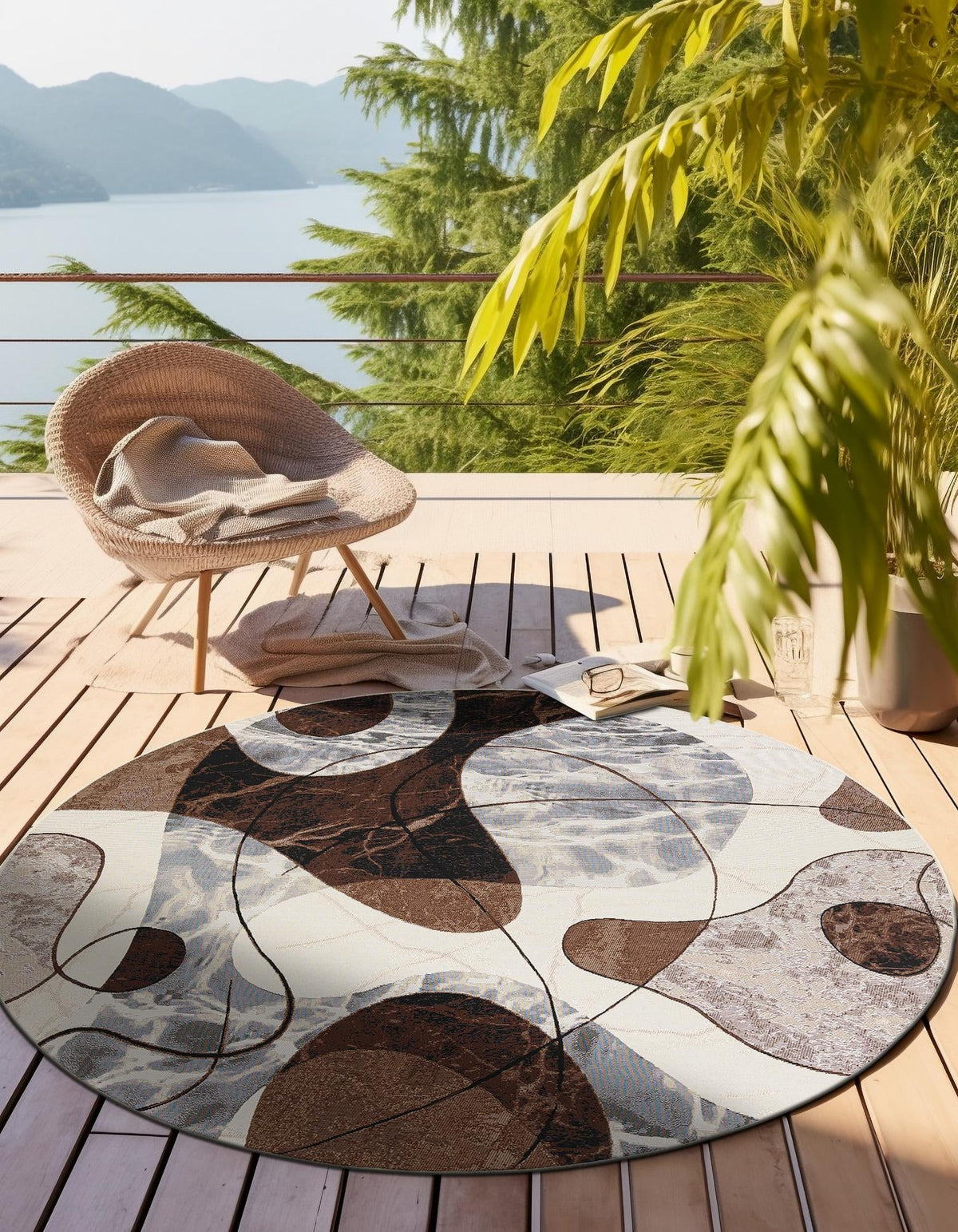 Urban Terrace Collection Area Rug -  Garden Round Brown and White  lifestyle 14