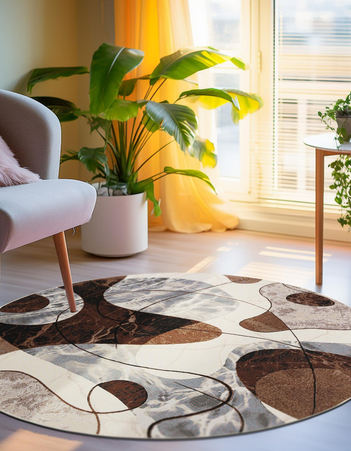 Urban Terrace Collection Area Rug -  Garden Round Brown and White  lifestyle 15