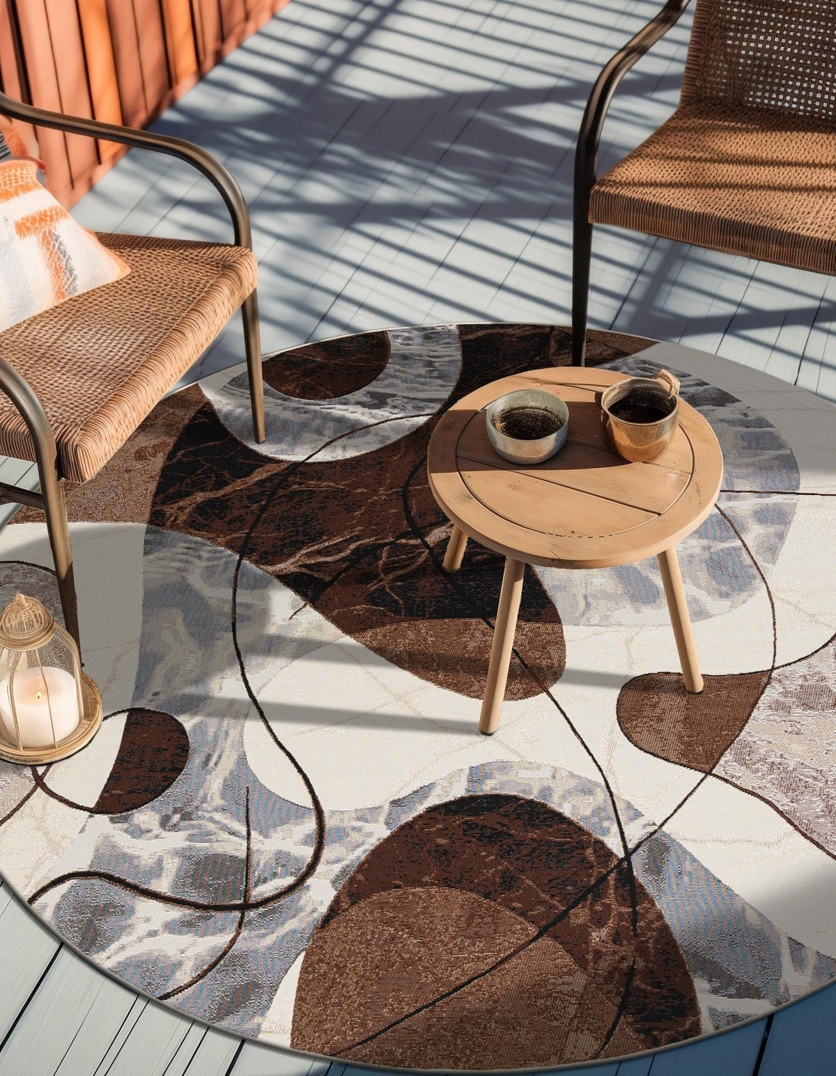 Urban Terrace Collection Area Rug -  Garden Round Brown and White  lifestyle 16