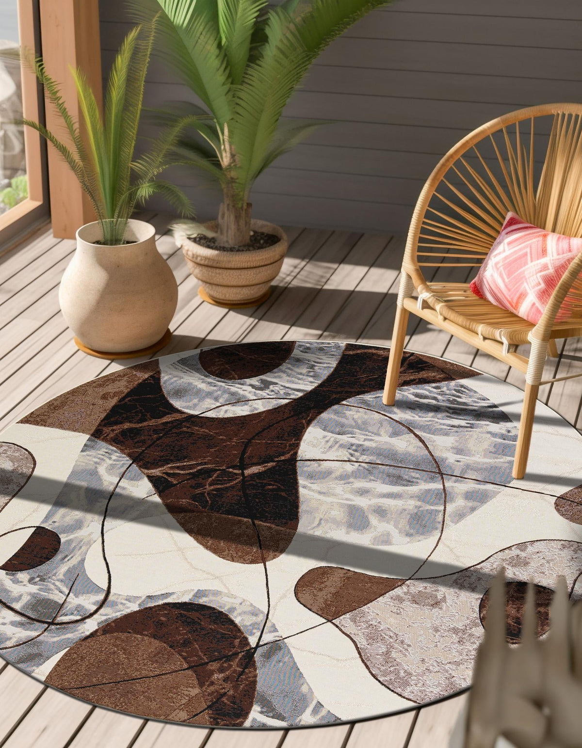 Urban Terrace Collection Area Rug -  Garden Round Brown and White  lifestyle 18