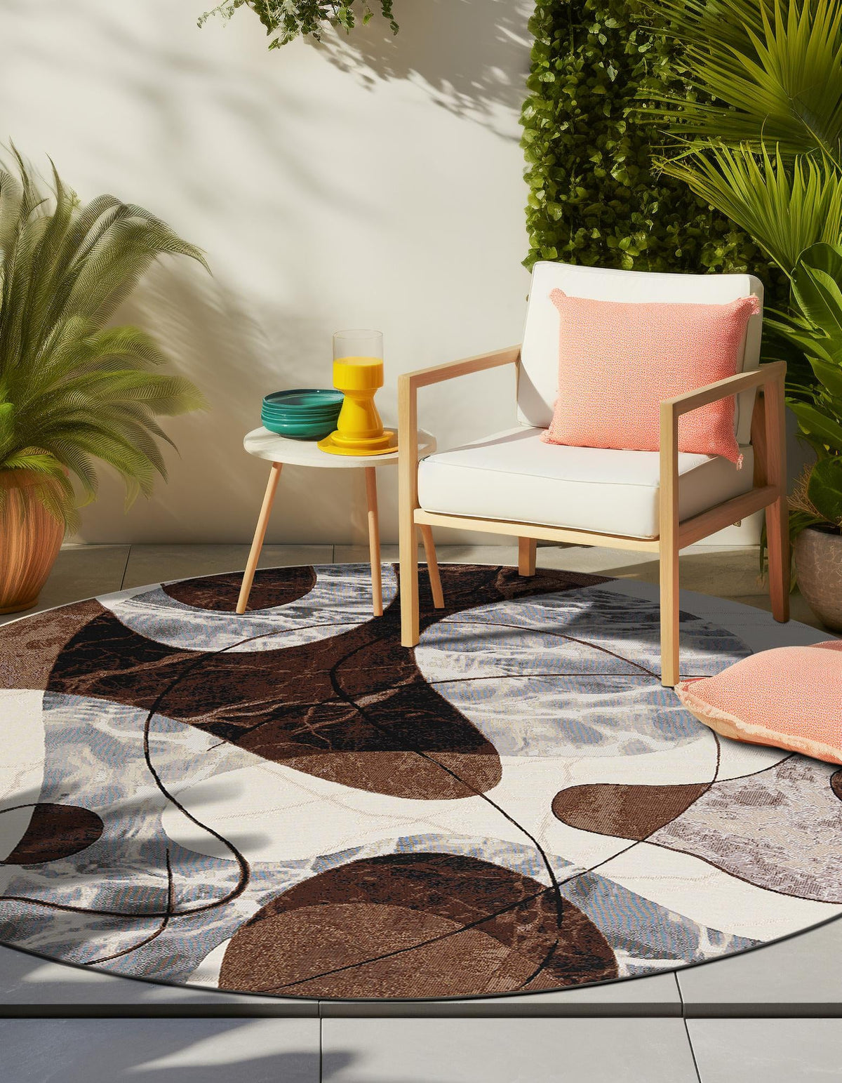 Urban Terrace Collection Area Rug -  Garden Round Brown and White  lifestyle 20