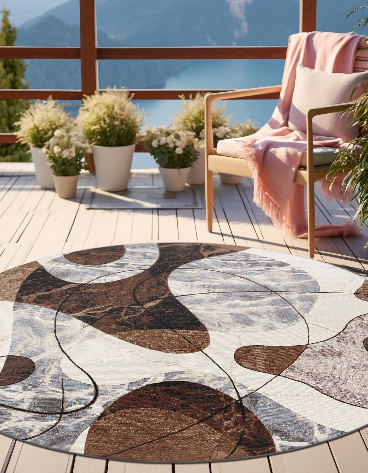 Urban Terrace Collection Area Rug -  Garden Round Brown and White  lifestyle 22