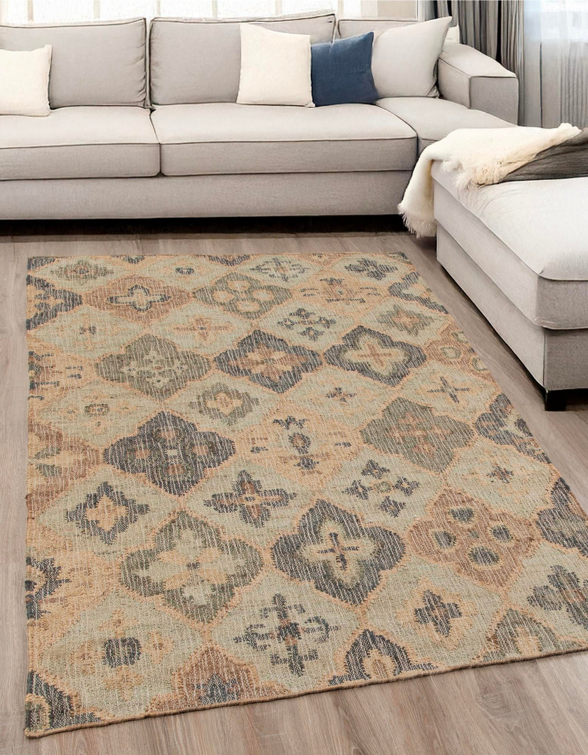 Benares Handwoven Jute Collection Area Rug - Ganges Rectangle Blue and Green  lifestyle 4